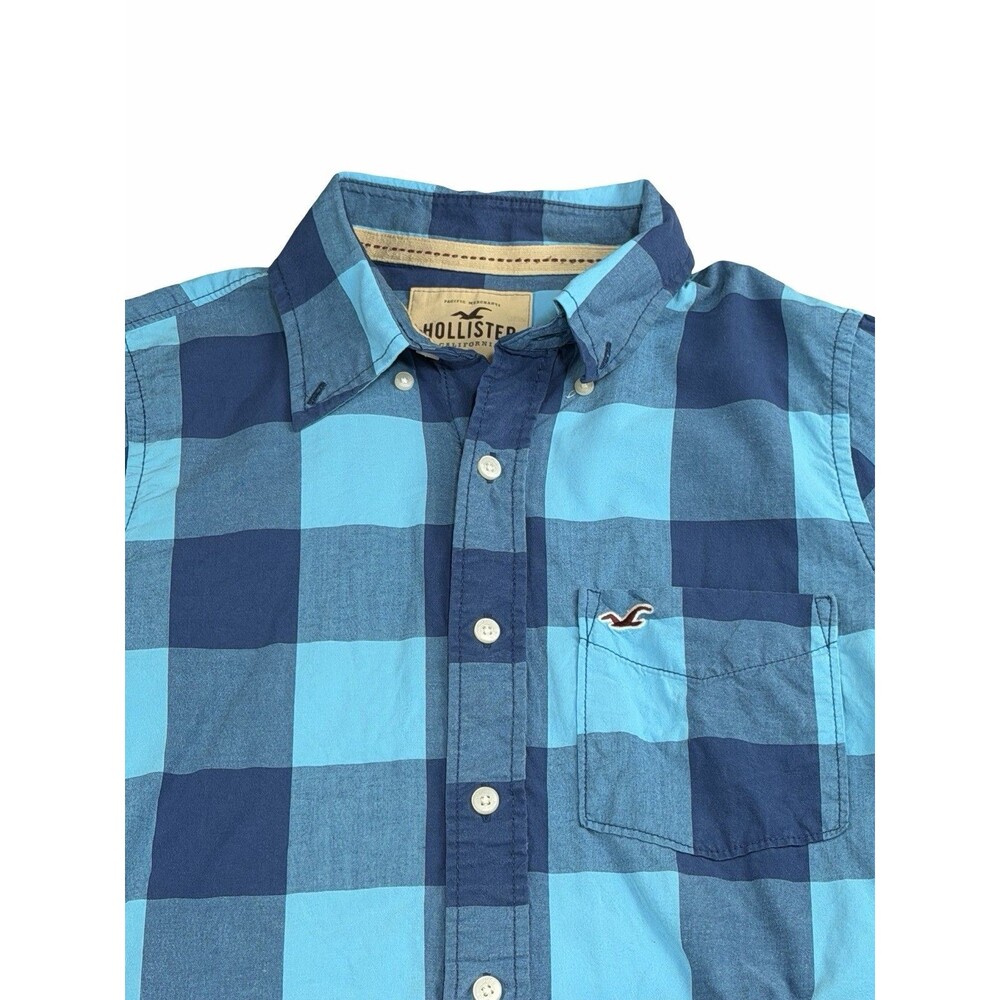 Hollister Men's Medium Button Up Shirt Blue Teal Plaid Cotton Long Sleeve M